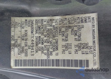 2007 Nissan Frontier Se из США, поврежденный, VIN 1N6AD06W77C449413